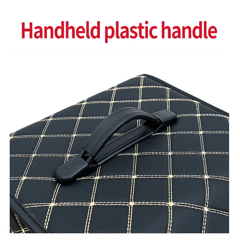 Black plastic carry handle close-up on PU leather trunk organizer lid