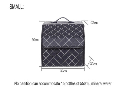 Small size trunk organizer dimensions – 12.6×8.7×11.8 in, fits 15 water bottles