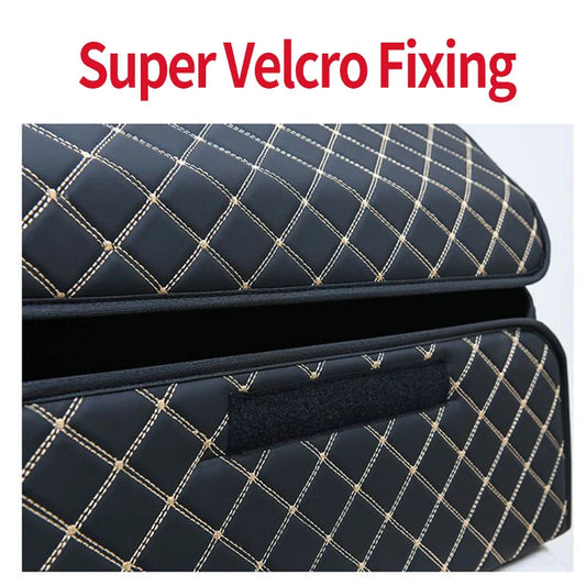 Velcro closure strip on quilted PU leather trunk organizer lid – gold stitching detail