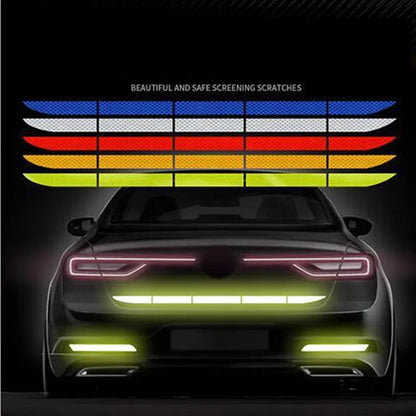 Rear bumper reflective strip kit in yellow, red, and blue colors installed on a car for night visibility and safety