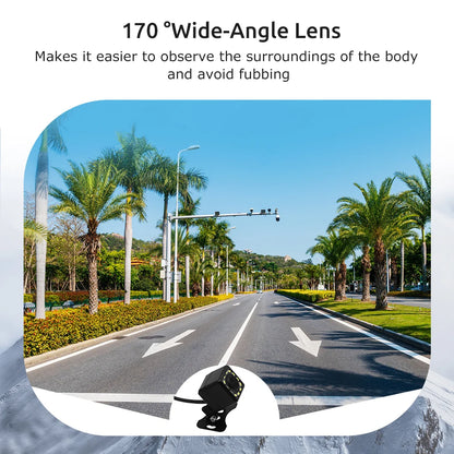 Rear view camera installed on car bumper showing lens position