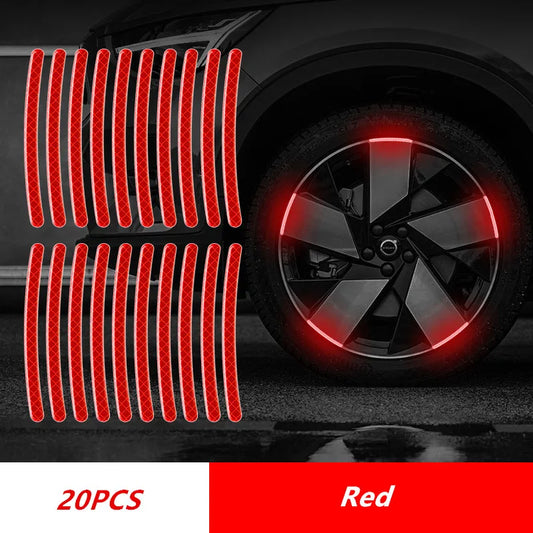 20-piece set of red reflective rim strips applied to car wheel for enhanced nighttime visibility