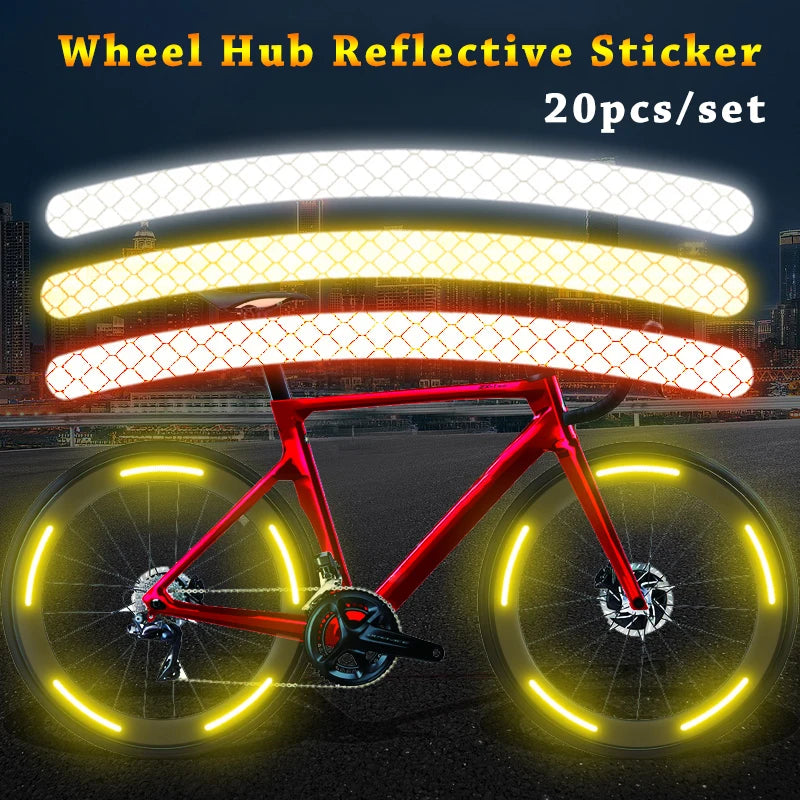Reflective wheel hub sticker 20pcs set in white, yellow and red colours on bicycle wheels glowing at night