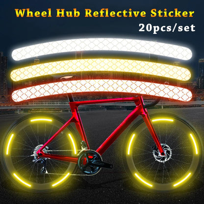Reflective wheel hub sticker 20pcs set in white, yellow and red colours on bicycle wheels glowing at night