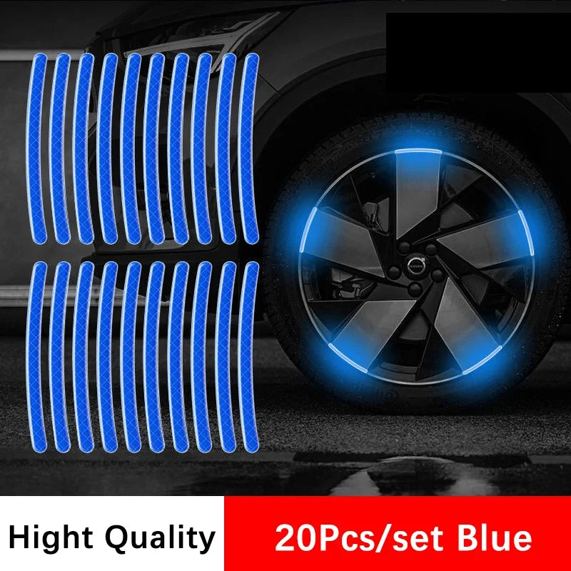 20pcs blue reflective wheel hub sticker strips with car rim glowing blue at night