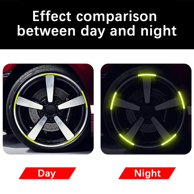 Reflective wheel hub sticker day and night comparison showing yellow strips glowing on car rim after dark
