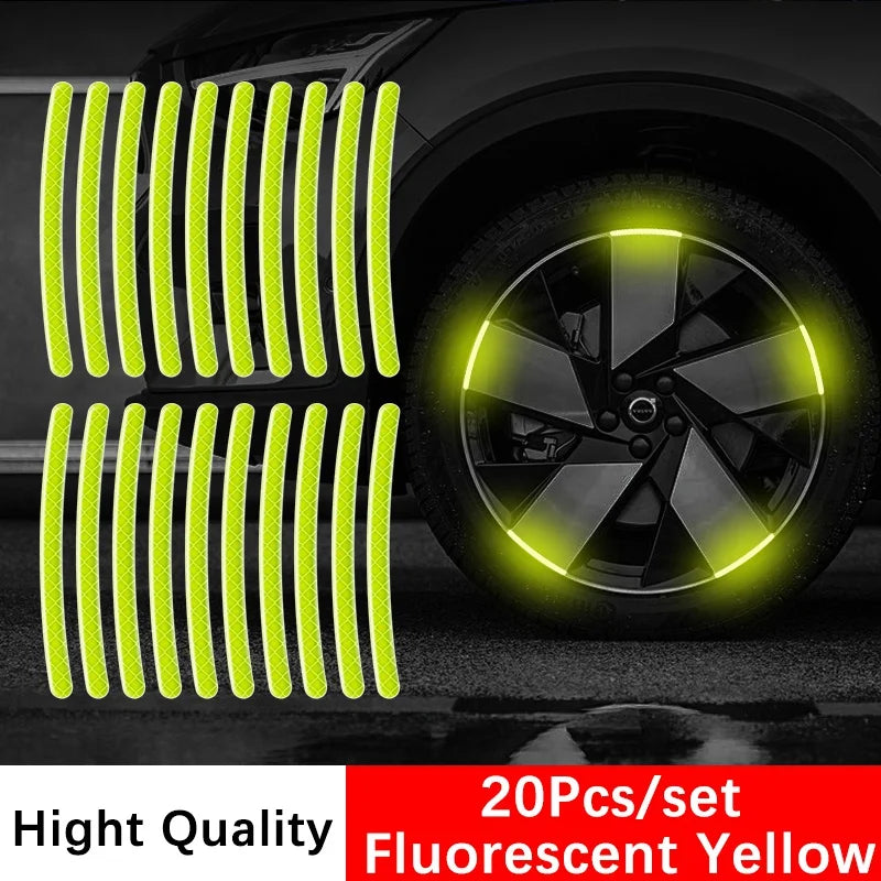 20pcs fluorescent yellow reflective wheel hub sticker strips with car rim glowing bright yellow at night