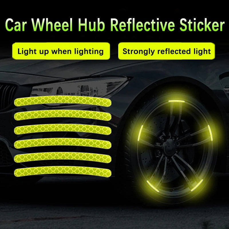 Five fluorescent yellow reflective wheel hub strips laid beside glowing car rim at night