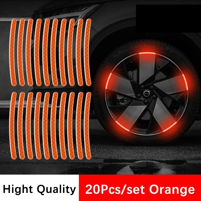 20pcs orange reflective wheel hub sticker strips with car rim glowing orange at night