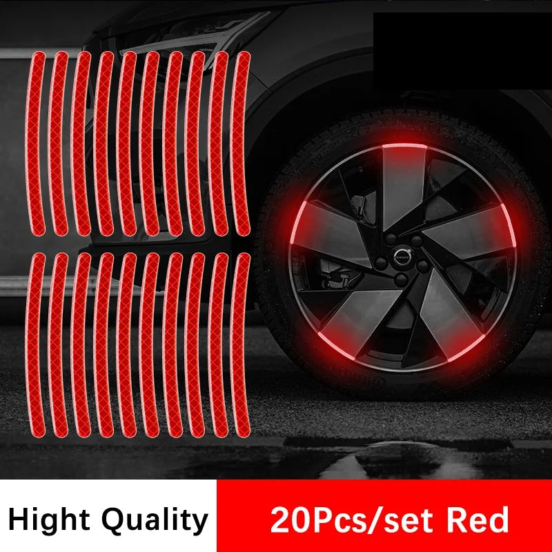 20pcs red reflective wheel hub sticker strips with car rim glowing red at night