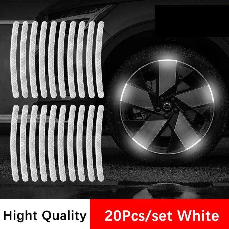 20pcs white reflective wheel hub sticker strips with car rim glowing white at night