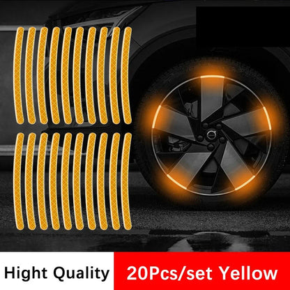20pcs yellow reflective wheel hub sticker strips with car rim glowing amber yellow at night