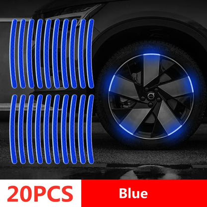 20PCS blue reflective wheel rim tape strips with diamond pattern showing bright blue night glow on car alloy wheel