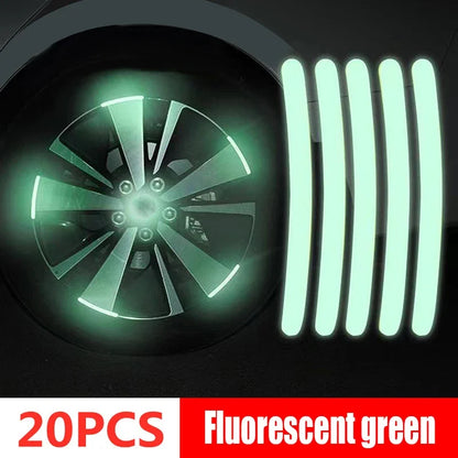 20PCS fluorescent green self-luminous reflective wheel rim tape strips showing bright glow on car wheel spoke rim at night