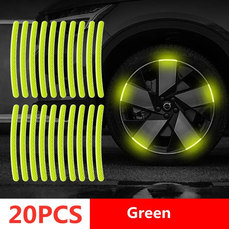 20PCS green fluorescent reflective wheel rim tape strips showing bright lime green night glow on car alloy wheel