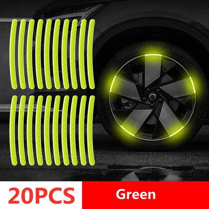 20PCS green fluorescent reflective wheel rim tape strips showing bright lime green night glow on car alloy wheel