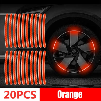 20PCS orange reflective wheel rim tape strips with diamond pattern showing bright orange night glow on car alloy wheel