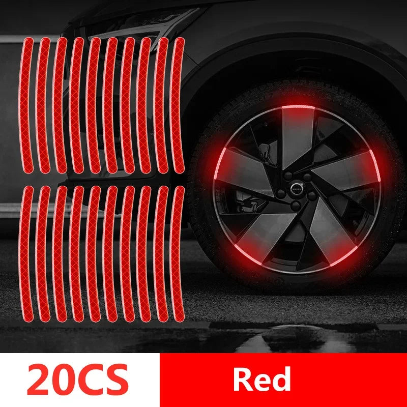 20PCS red reflective wheel rim tape strips with diamond pattern showing bright red night glow on car alloy wheel