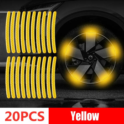 20PCS yellow reflective wheel rim tape strips with diamond pattern showing bright yellow night glow on car alloy wheel
