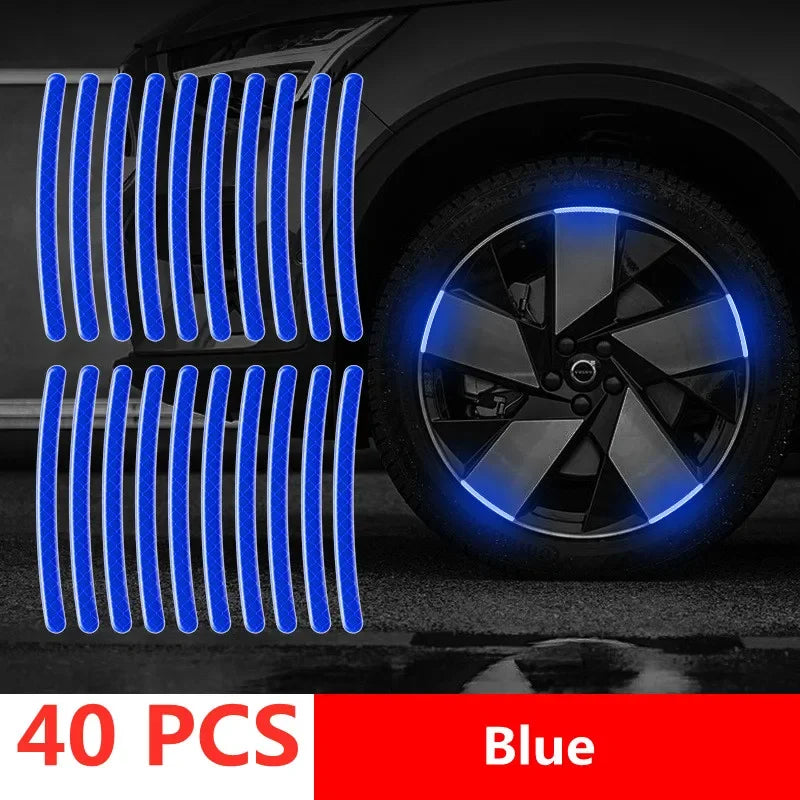 40PCS blue reflective wheel rim tape strips with diamond pattern showing bright blue night glow on car alloy wheel