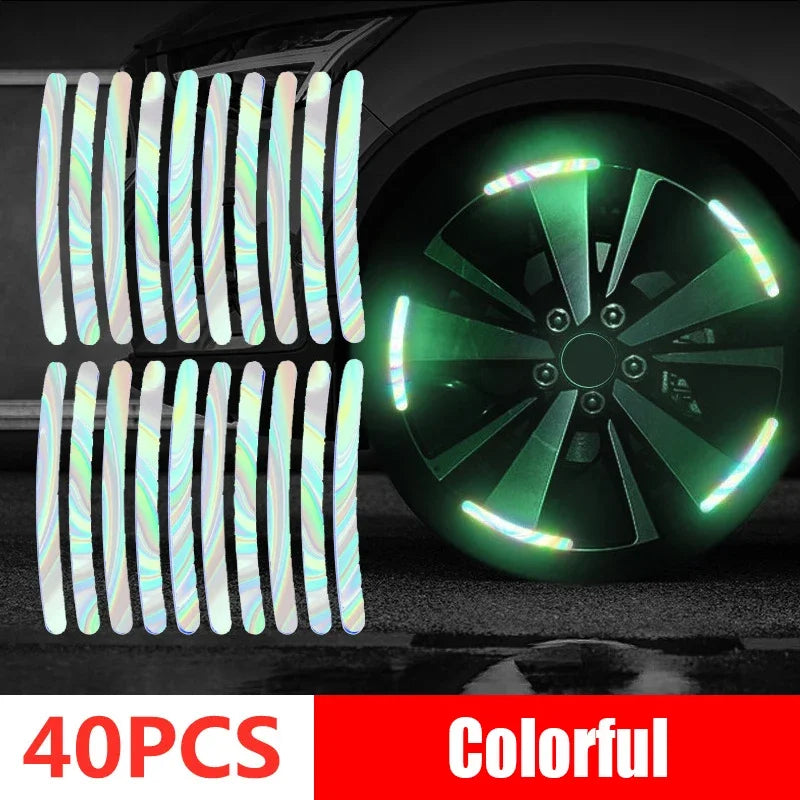 40PCS colorful holographic rainbow reflective wheel rim tape strips with car wheel showing multicolor reflective night glow