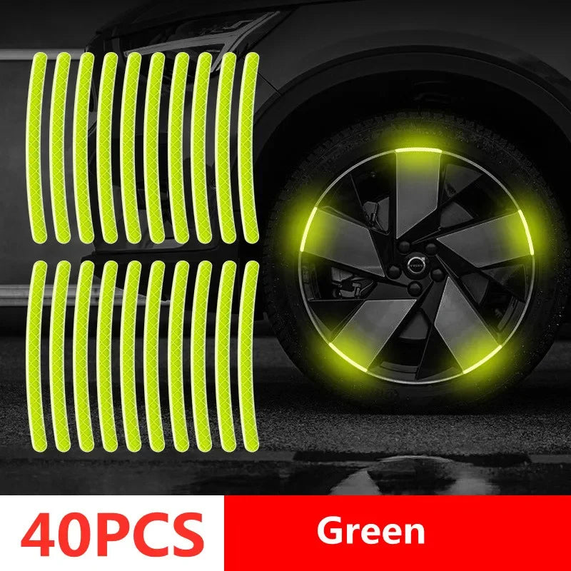 40PCS green fluorescent reflective wheel rim tape strips showing bright lime green night glow on car alloy wheel