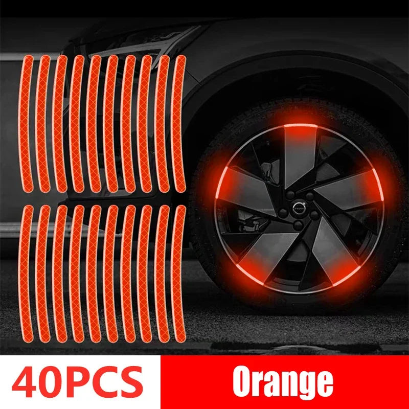 40PCS orange reflective wheel rim tape strips with diamond pattern showing bright orange night glow on car alloy wheel