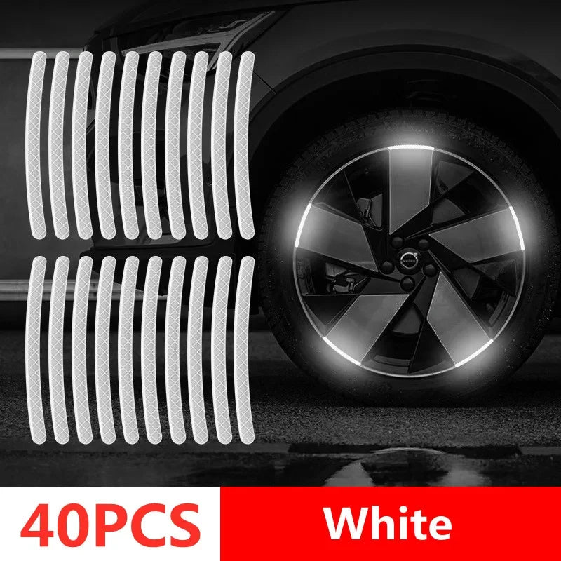 40PCS white reflective wheel rim tape strips with diamond pattern showing bright white night glow on car alloy wheel