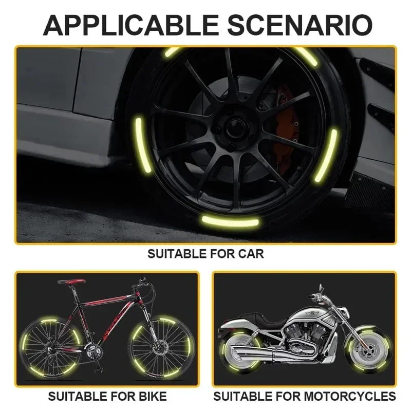 Reflective wheel rim tape applicable scenario infographic showing yellow strips on car wheel, bicycle, and motorcycle for improved night visibility
