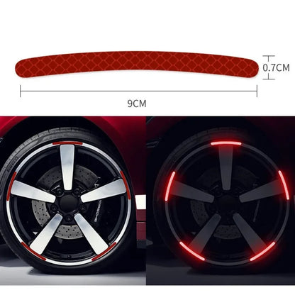 Red reflective wheel rim tape strip showing 9cm x 0.7cm dimensions with before and after comparison on car alloy wheel