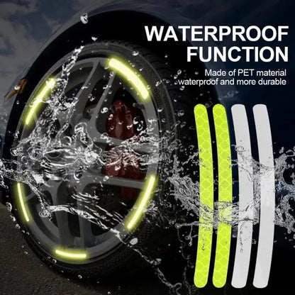 Reflective wheel rim tape waterproof PET material infographic showing fluorescent yellow and white strips on car wheel with water splash durability
