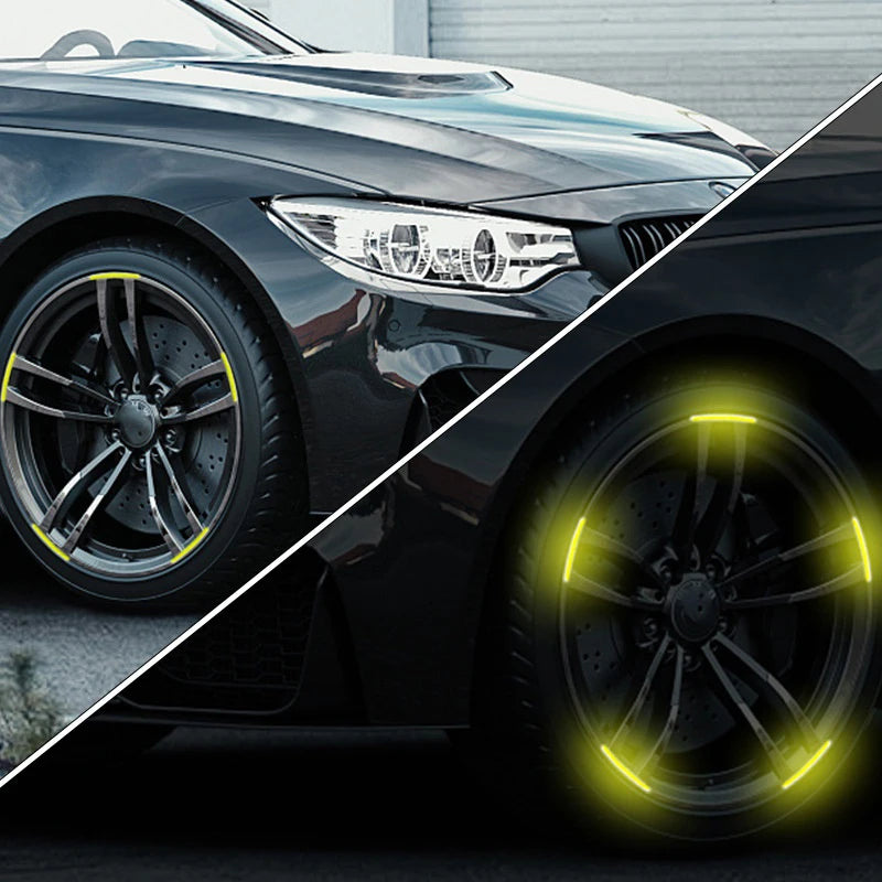 Reflective car wheel safety strip on black sports car rim shown side by side in daylight and glowing at night