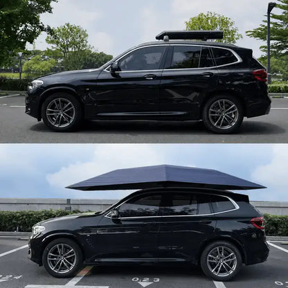 Retractable car canopy on black BMW X3 SUV before and after: retracted unit stored on roof rail top and fully deployed canopy bottom