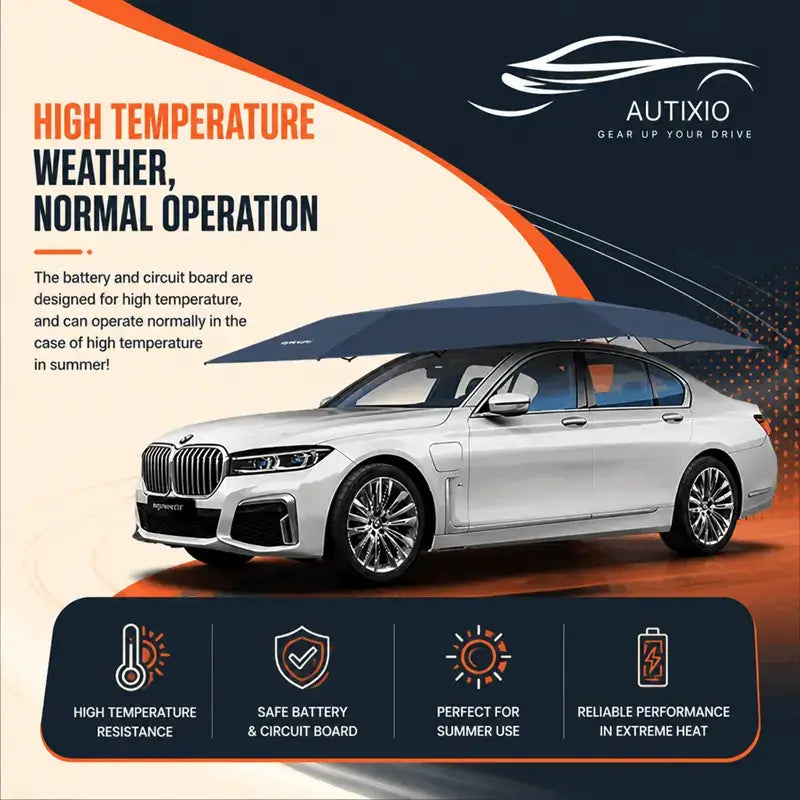 Retractable car canopy deployed on BMW sedan high temperature resistant battery and circuit board operates normally in extreme summer heat