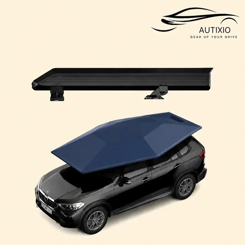 Retractable car canopy navy blue variant showing compact folded unit on roof rail and fully deployed navy blue canopy over black SUV