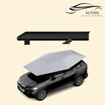 Retractable car canopy silver gray variant showing compact folded unit on roof rail and fully deployed silver gray canopy over black SUV