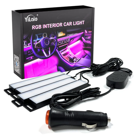 RGB interior car light kit with cigarette lighter power adapter, remote control, and product box