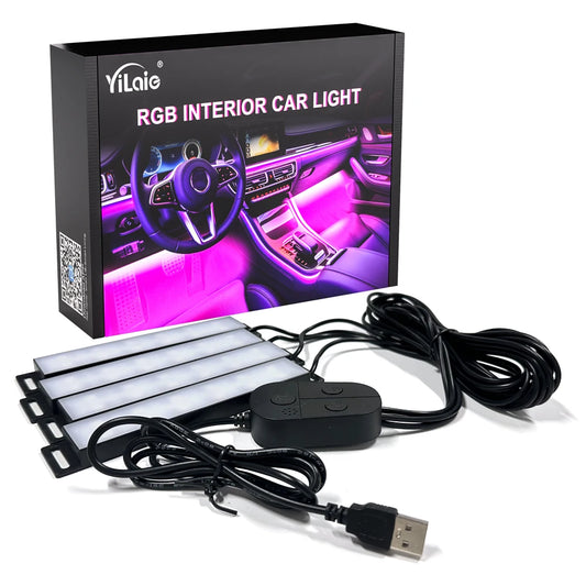 RGB interior car light kit with USB power and remote control, shown with product packaging