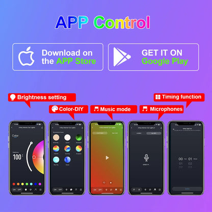 RGB car light kit mobile app features for iOS and Android, showing color control, music sync, and timers