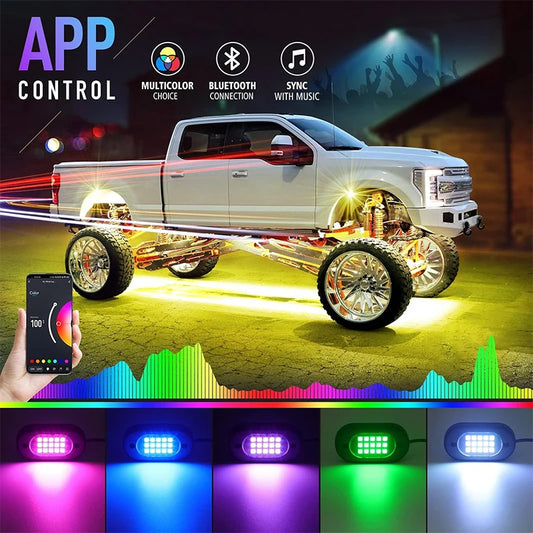 RGB rock lights under truck with app control, music sync, and multicolor modes