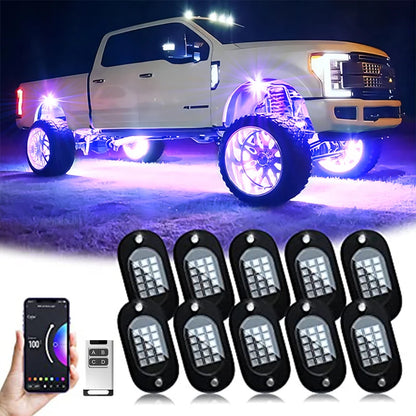 10-pod RGB underglow LED kit with adhesive backing for vehicle underside