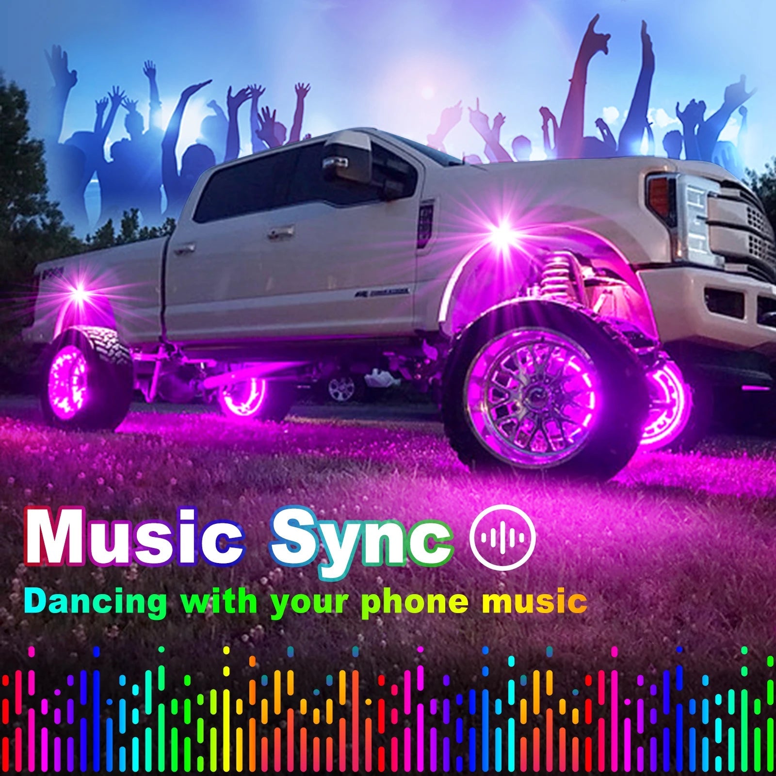 Lifted truck with pink RGB underglow lighting synced to music at night
