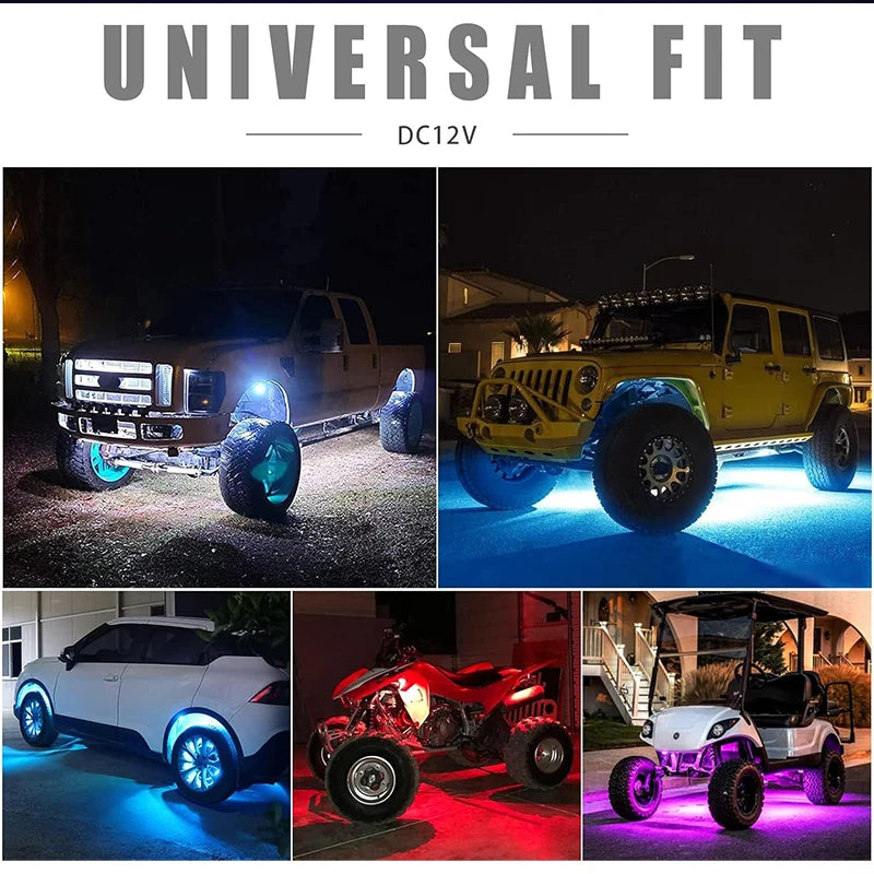 RGB underglow light kit shown on truck, Jeep, SUV, ATV, and golf cart to demonstrate universal fit