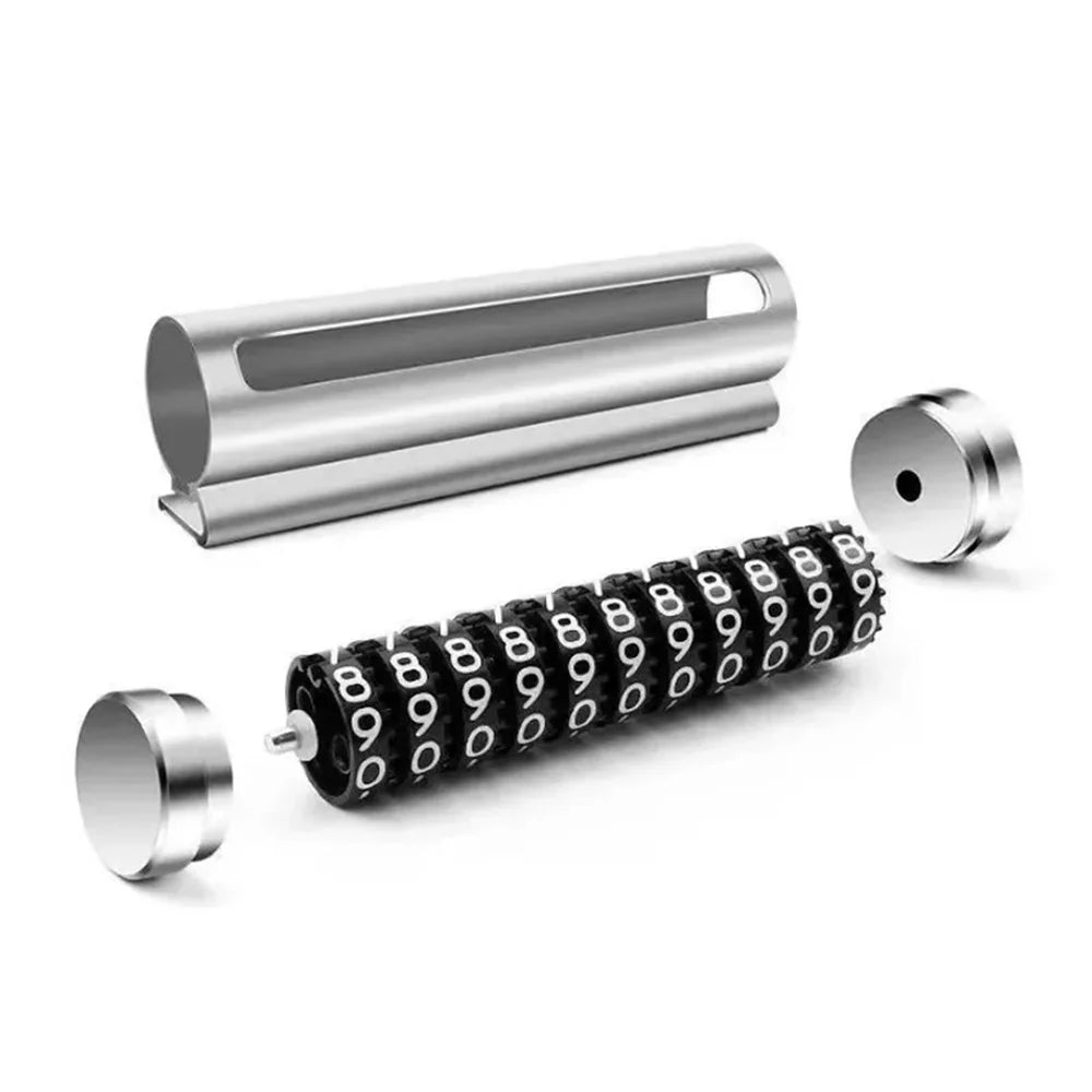 Exploded view of metal parking number plate showing aluminium casing, 11-digit roller assembly and two end caps