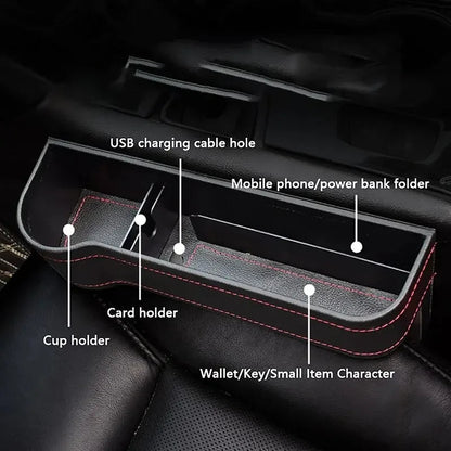 Front display of seat gap storage box showing compartment design