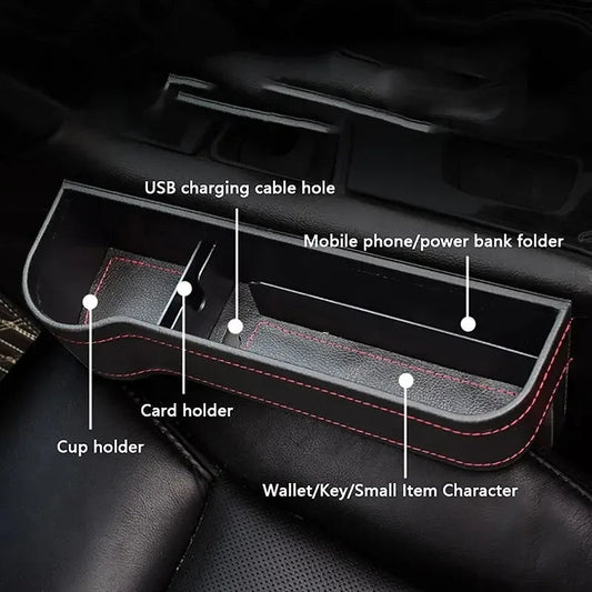 Front display of seat gap storage box showing compartment design