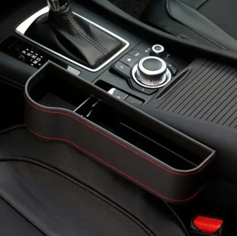 Black PU leather seat gap storage box car organizer with charging hole - left side.