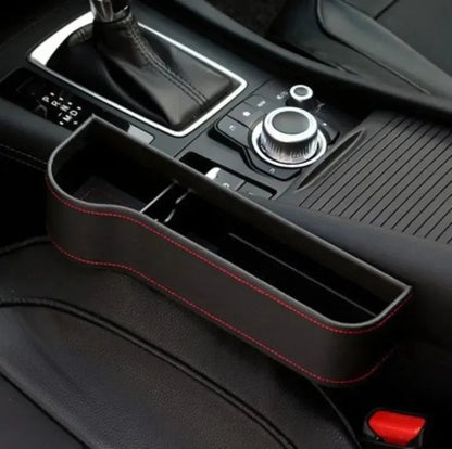 Black PU leather seat gap storage box car organizer with charging hole - left side.