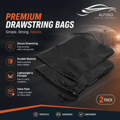 Two black drawstring storage bags included with side mirror snow covers showing secure drawstring, durable material, lightweight portable 2-pack value