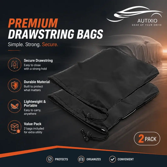 Two black drawstring storage bags included with side mirror snow covers showing secure drawstring, durable material, lightweight portable 2-pack value